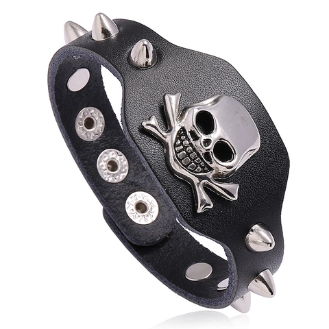 Punk Rock Men Cowhide Leather Bracelet Silver Skull Crossbones Rivets Spikes Adjustable Snap Cuff Bracelet Men Jewelry Gift