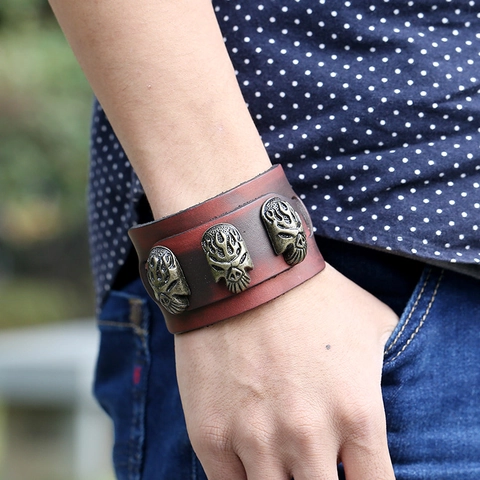 Vintage Punk Echtleder Breites Armband Bronze Totenkopf Geprägt Verstellbare Schnalle Riemen Gothic Rock Schmuck Für Herren Damen