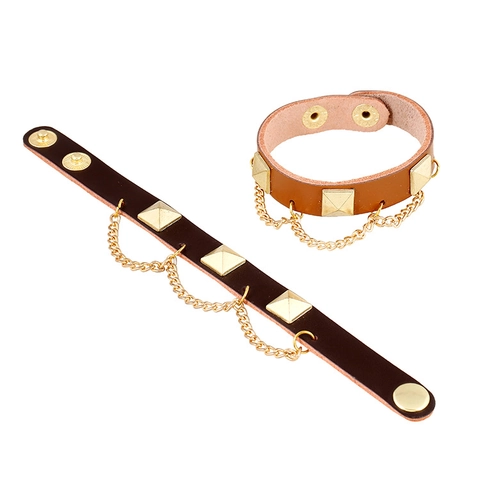 Pulsera de Cuero de Vaca Retro Punk para Mujer Con Remaches de Pirámide Oro y Cadenas de Metal Botón de Presión