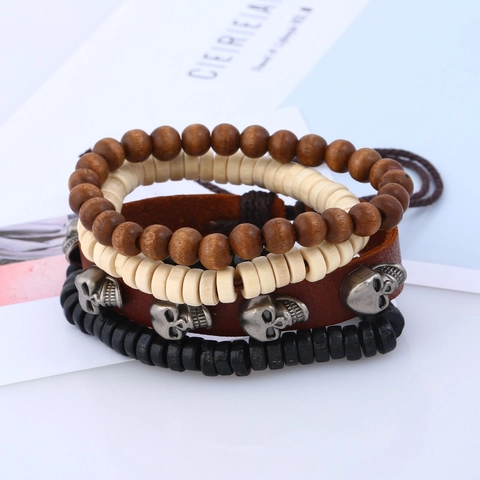 Set Bracciali in Pelle Teschio Retro Punk per Uomo Donna Multistrato in Cuoio Intrecciato Perline in Legno Gioielli Stile Etnico