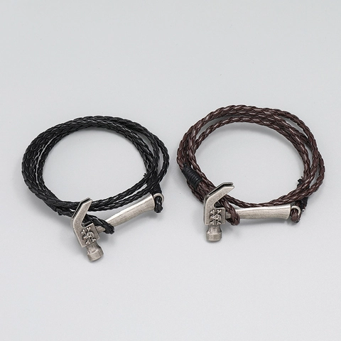 Uomo Punk Retro Intrecciato Multistrato Pelle Sintetica Braccialetto Con Lega Martello Teschio Pendente Vintage Polso Gioielli