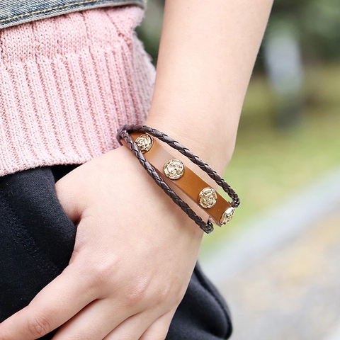 Pulsera de Cuero Genuino Trenzado de Varias Capas Estilo Punk Vintage Para Hombre Mujer Rosa de Aleación Ajustable Joyería