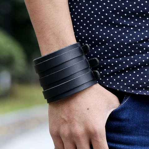 Pulsera Punk de Cuero Ancho para Hombre Vintage de Cuero de Vaca Genuino de Varias Capas Pulsera de Puño Joyería de Rock Hecha a Mano