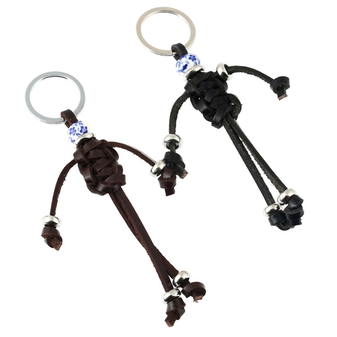 Handmade Braided Cowhide Humanoid Keychain With Blue And White Ceramic Bead Vintage Ethnic Style Leather Key Ring Gift