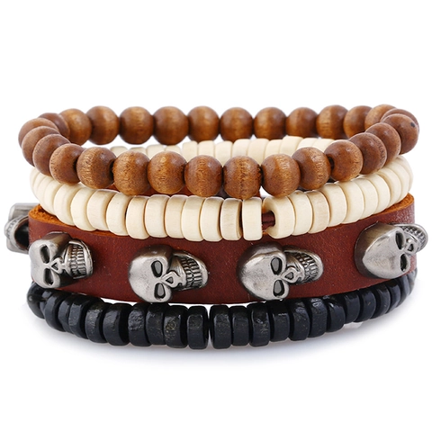 Set Bracciali in Pelle Teschio Retro Punk per Uomo Donna Multistrato in Cuoio Intrecciato Perline in Legno Gioielli Stile Etnico
