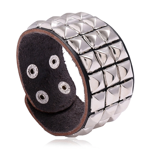 Bracciale Punk Rock in Pelle di Vacchetta Uomo Donna Borchie a Piramide Multiriga Bracciale Largo Bottoni a Pressione Gioielli Street
