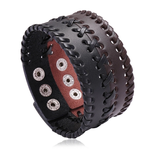 Vintage Punk Braided Cowhide Leather Bracelet For Men Women Wide Adjustable Snap Button PU Iron Cuff Biker Fashion Jewelry