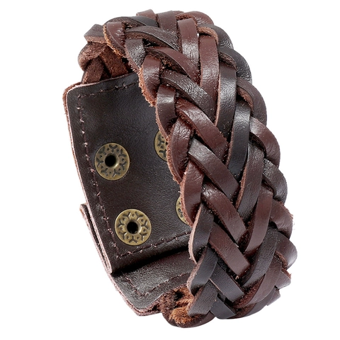 Vintage Punk Breites Geflochtenes Rindsleder Armband Für Herren Verstellbarer Metall Druckknopf Retro Gothic Armreif Schmuck