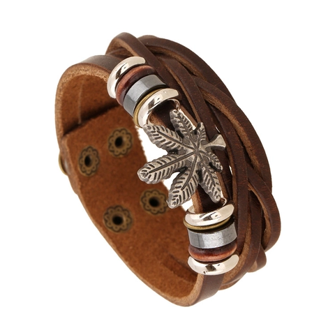 Vintage Multilayer Cowhide Leather Bracelet For Men Handmade Braided Wrap Bracelet With Alloy Leaf Charms Retro Punk Jewelry