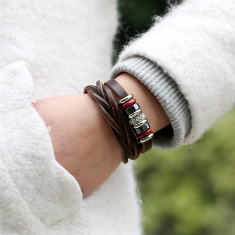Pulsera de Cuero de Vaca Trenzada Multicapa Vintage para Mujeres Hombres Aleación Strass Retro Punk Joyería Regalo