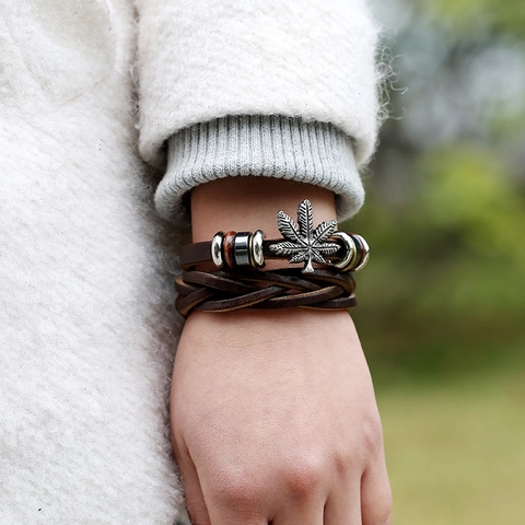 Vintage Multilayer Cowhide Leather Bracelet For Men Handmade Braided Wrap Bracelet With Alloy Leaf Charms Retro Punk Jewelry