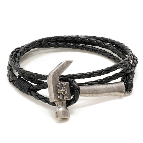 Uomo Punk Retro Intrecciato Multistrato Pelle Sintetica Braccialetto Con Lega Martello Teschio Pendente Vintage Polso Gioielli