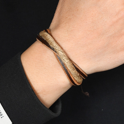 Pulsera Vintage de Cuero de Vaca Trenzado Cuerda de Cáñamo Multicapa Ajustable Joyería para Hombre Estilo Boho