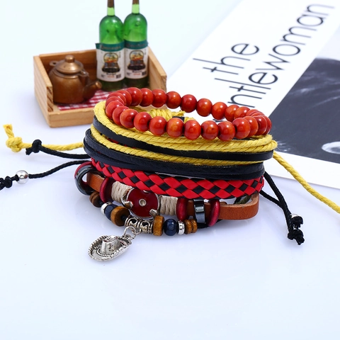 Vintage Bohemian Mehrlagiges Gewebtes Rindsleder PU Armband Set Für Damen Holzperlen Legierung Cowboyhut Charm Verstellbarer Schmuck