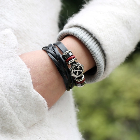 Pulsera de Cuero de Vaca Trenzada Multicapa Vintage Punk para Hombre Dije de Flecha de Cruz de Aleación Joyería Retro Hombre