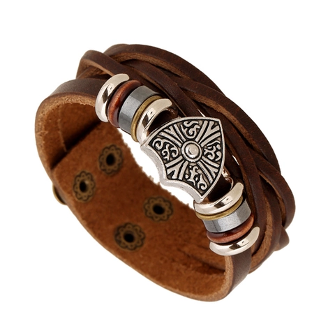 Bracciale in Pelle Multistrato da Uomo Retro Scudo in Lega Fatto a Mano Bracciale in Pelle Intrecciata Gioielli Punk