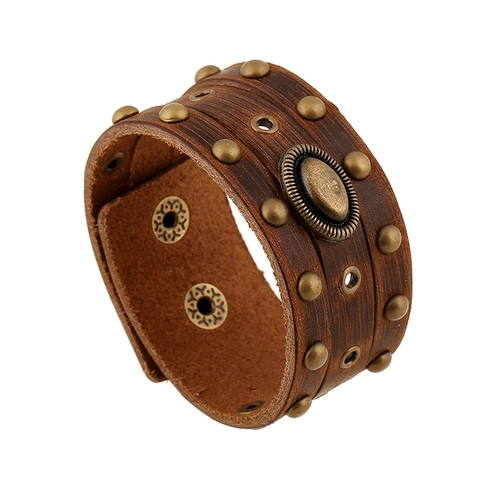 Bracciale Vintage Punk Largo in Pelle di Vacchetta con Rivetti per Uomo Donna Lega Regolabile Retro Biker Gioielli