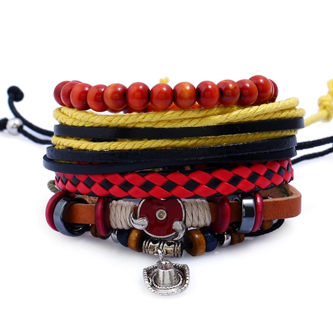 Vintage Bohemian Mehrlagiges Gewebtes Rindsleder PU Armband Set Für Damen Holzperlen Legierung Cowboyhut Charm Verstellbarer Schmuck