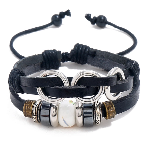 Vintage Punk Men Leather Bracelet Hand Beaded Multi Layer Alloy Geometric Beads Adjustable Wax Cord Bracelet Jewelry