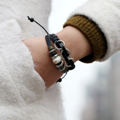 Vintage Punk Men Leather Bracelet Hand Beaded Multi Layer Alloy Geometric Beads Adjustable Wax Cord Bracelet Jewelry
