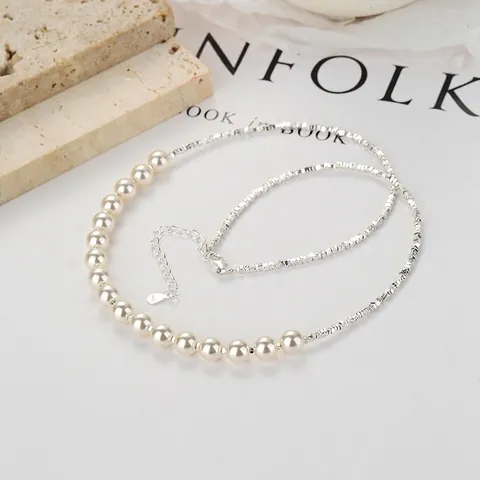 Collana di Perle Artificiali in Argento Sterling 925 Catena a Clavicola con Perle d'Argento Minimalista Gioielli Donna