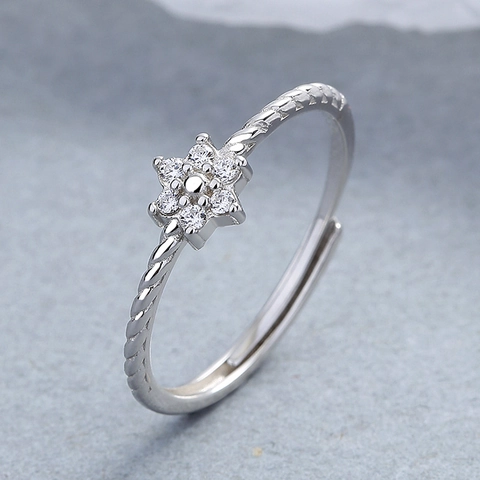 Anello in Argento Sterling 925 con Fiore e Fiocco di Neve in Zirconia Elegante Anello Regolabile Aperto a Corda Gioielli per Donna
