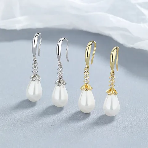 Orecchini a Gancio in Argento Sterling 925 con Perla Artificiale a Goccia d'Acqua e Strass Eleganti Gioielli alla Moda per Donna Regalo di Matrimonio