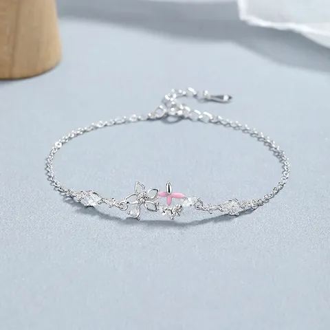 Braccialetto in Argento Sterling 925 a Forma di Fiore per Donna Dolce Farfalla Smaltata Rosa Floral Strass Regolabile Gioielli di Moda