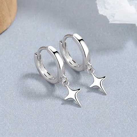 925 Sterling Silver Four-Pointed Star Hoop Earrings For Women Minimalist Dainty North Star Drop Earrings Jewelry Gift