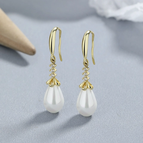 Orecchini a Gancio in Argento Sterling 925 con Perla Artificiale a Goccia d'Acqua e Strass Eleganti Gioielli alla Moda per Donna Regalo di Matrimonio
