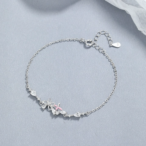 Braccialetto in Argento Sterling 925 a Forma di Fiore per Donna Dolce Farfalla Smaltata Rosa Floral Strass Regolabile Gioielli di Moda