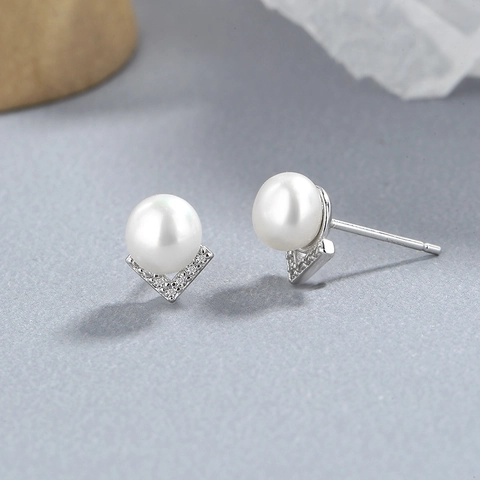 Orecchini a Bottone a V in Argento Sterling 925 per Donna Con Perla Artificiale e Strass Gioielli Minimalisti Regalo