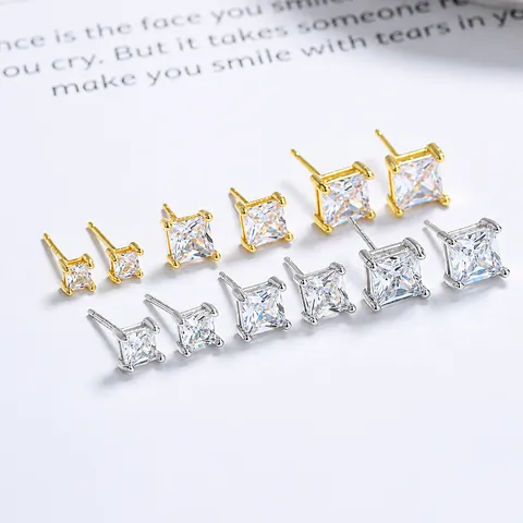 Boucles d'Oreilles Clous en Argent Sterling 925 Avec Zirconia Carré pour Femmes Simples Versatiles Géométriques Bijoux Minimalistes