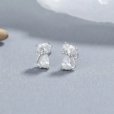 Orecchini a Bottone a Forma di Gatto in Argento Sterling 925 per Donna Piccolo Animale Gattino Zirconia Intarsiato Gioielli Minimalisti Regalo