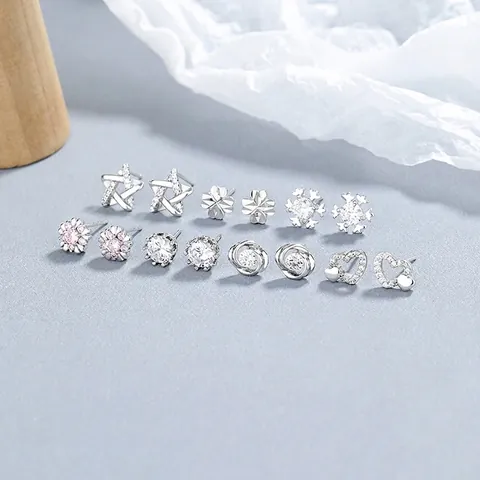 925 Sterling Silver Stud Earrings For Women Simple Rhinestone Heart Snowflake Clover Flower Crown Twist Star Elegant Fashion Jewelry Gift