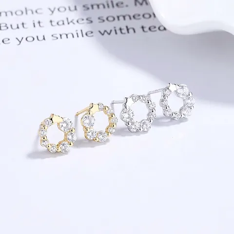 925 Sterling Silver Circle Rhinestone Stud Earrings For Women Elegant Geometric Garland Sparkly Fashion Daily Jewelry Accessories