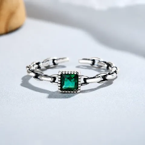 925 Sterling Silver Square Green Rhinestone Chain Ring Vintage Thai Silver Adjustable Open Finger Ring For Women Jewelry
