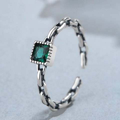 925 Sterling Silver Square Green Rhinestone Chain Ring Vintage Thai Silver Adjustable Open Finger Ring For Women Jewelry