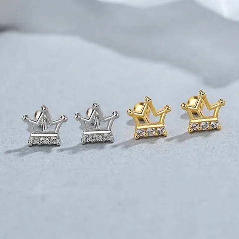 Orecchini a Bottone con Chiusura a Vite in Argento Sterling 925 a Forma di Corona con Zirconia Strass Ipoallergenico Gioielli per Donna