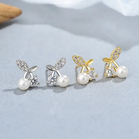 925 Sterling Silber Kirsch Ohrstecker Mit Künstlicher Perle Und Strass Blatt Design Mode Schmuck Für Damen Geschenk