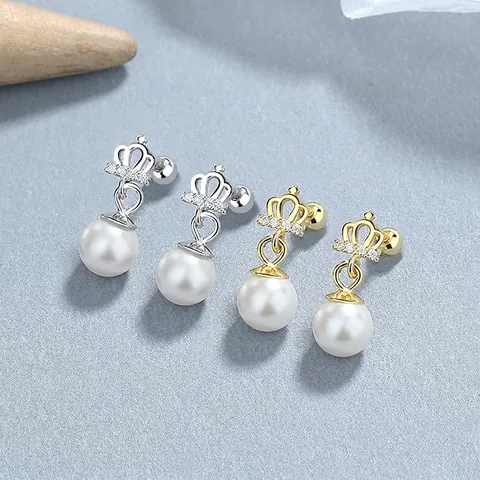 925 Sterling Silver Crown Artificial Pearl Stud Earrings For Women Rhinestone Inlaid Elegant Luxury Jewelry Ear Studs