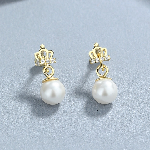 925 Sterling Silver Crown Artificial Pearl Stud Earrings For Women Rhinestone Inlaid Elegant Luxury Jewelry Ear Studs