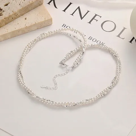 Collar de Doble Capa de Plata de Ley 925 con Perlas Artificiales Cadena de Plata Granulada Elegante Joyería de Moda