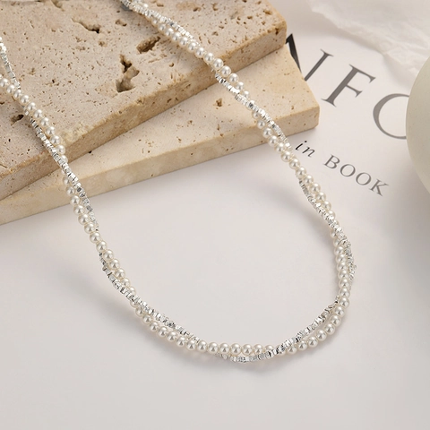 Collar de Doble Capa de Plata de Ley 925 con Perlas Artificiales Cadena de Plata Granulada Elegante Joyería de Moda