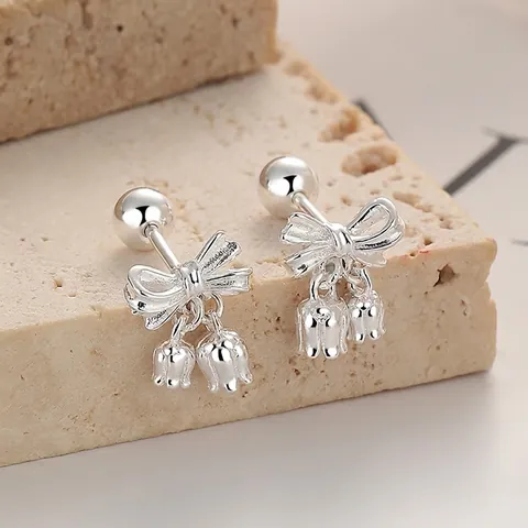 Pendientes de Botón Lazo Lirio de los Valles de Plata de Ley 925 Moda Dulce Pendientes con Cierre de Rosca Mujer Joyas Plata