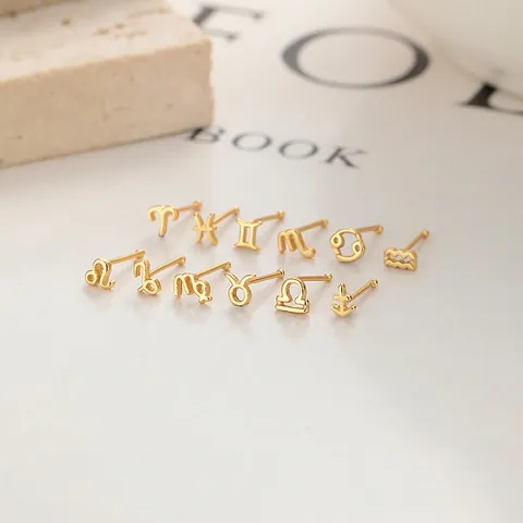 925 Sterling Silver Twelve Zodiac Constellation Stud Earrings Minimalist Gold Plated Geometric Ear Bone Cartilage Piercing Jewelry For Women