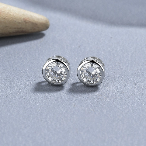 Minimalist 925 Sterling Silver Round Zirconia Stud Earrings For Women Tiny Bezel Set Piercing Ear Bone Studs Jewelry