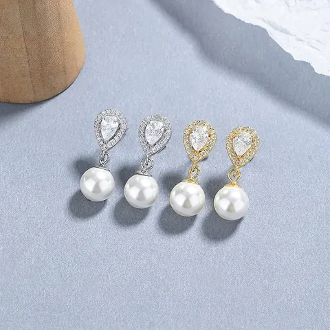 Orecchini a Bottone in Argento Sterling 925 con Strass a Goccia e Perle Artificiali per Donne Gioielli di Moda Quotidiana