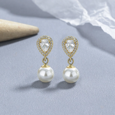 Orecchini a Bottone in Argento Sterling 925 con Strass a Goccia e Perle Artificiali per Donne Gioielli di Moda Quotidiana