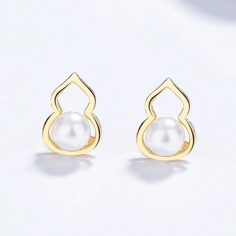 925 Sterling Silver Gourd Pearl Stud Earrings Elegant Hollow Hulu Earrings Artificial Pearl Jewelry For Women Daily Fashion